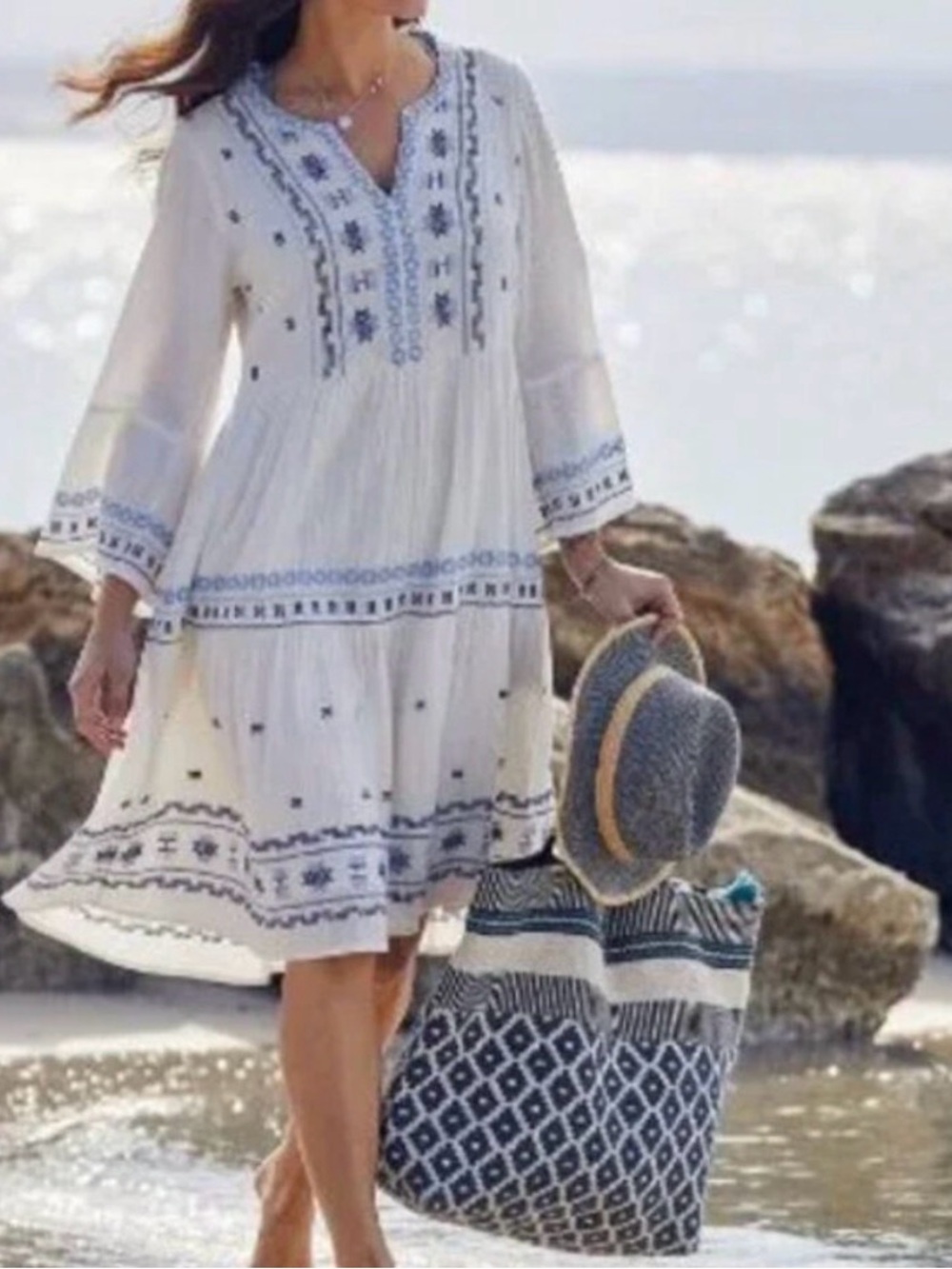 Fat Face White Midi Dress with Blue Embroidery